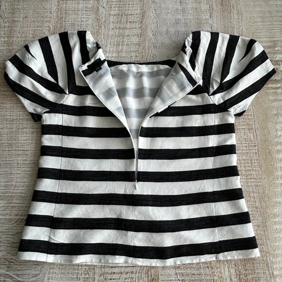 ANN TAYLOR Linen Blend Black White Stripe Short Sleeve Blouse Top Shirt Small - Picture 9 of 9
